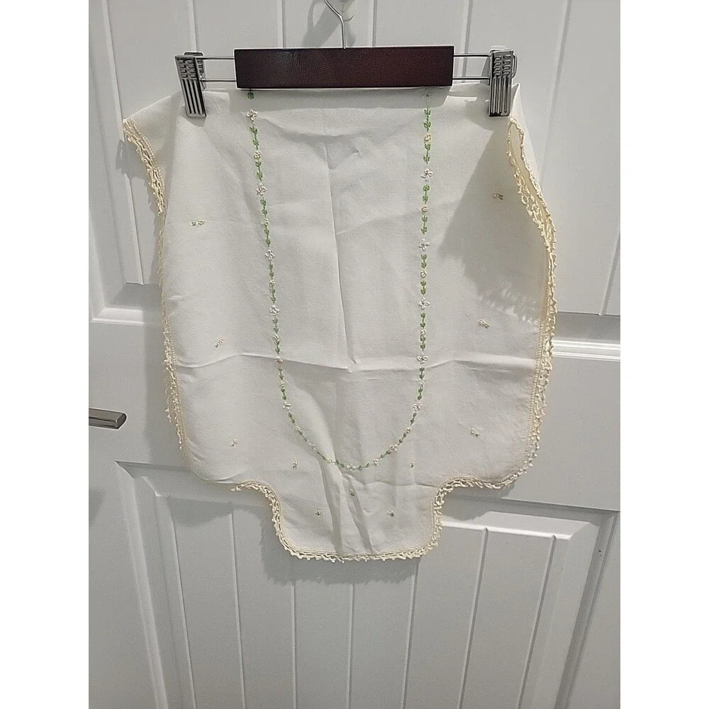 Vintage Hand Embroidered Linen Table Runner/Dresser Scarf with Crochet Trim